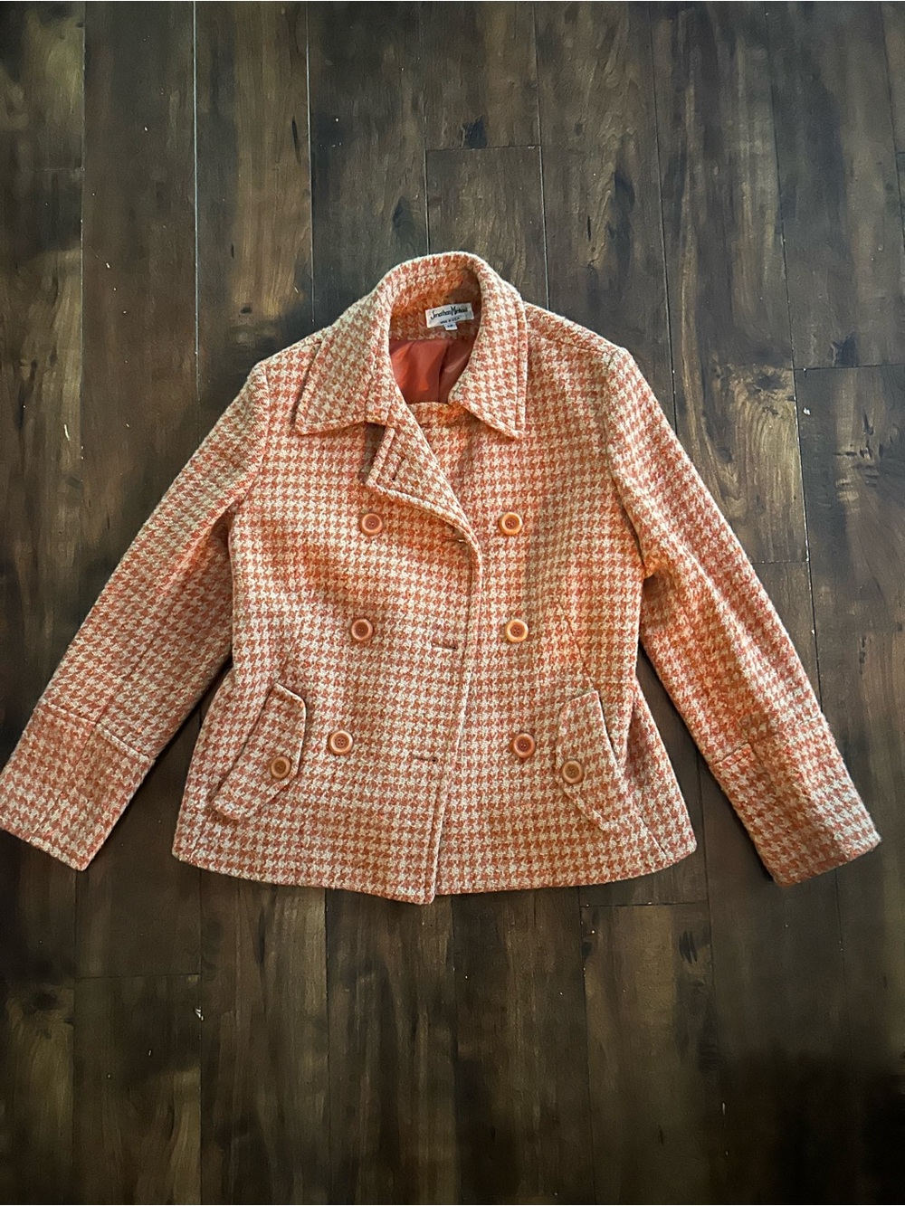 Jonathan Michael Vintage-Inspired Orange Houndstooth Double-Breasted Peacoat